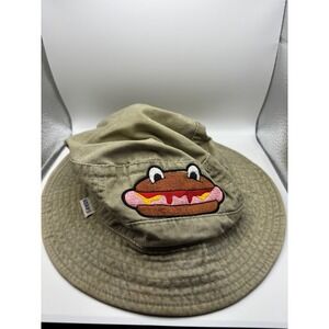 VTG Adams Khaki Bucket Hat Hot Dog Peace Sign Embroidered Cotton Sun Hat Large